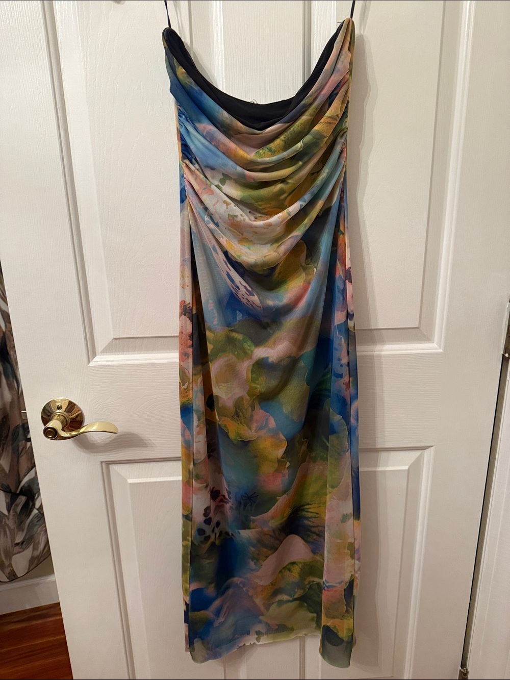 Zara Multicolor Watercolor Print Maxi Dress with Draped Cowl Neck
